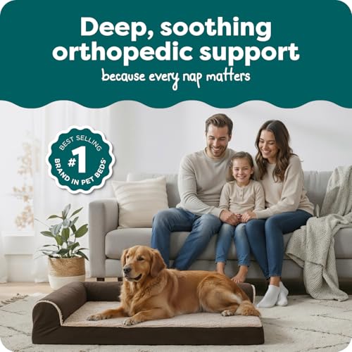 Image of FurHaven Orthopedic Dog Bed for Large Dogs, L-Shaped Chaise Mattress with Orthopedic Egg Crate with a Solid Orthopedic Foam Base for Joint Support, Washable Cover, Jumbo XL, Faux Fur & Suede, Espresso