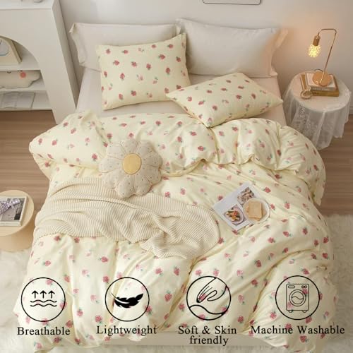 Image of Strawberry Duvet Cover Set Queen Size Kawaii Strawberry Printed on Cream White Bedding Set with 2 Pillowcases 3Pcs Kids Cute Fruit Reversible Microfiber Comforter Cover for Girls Women