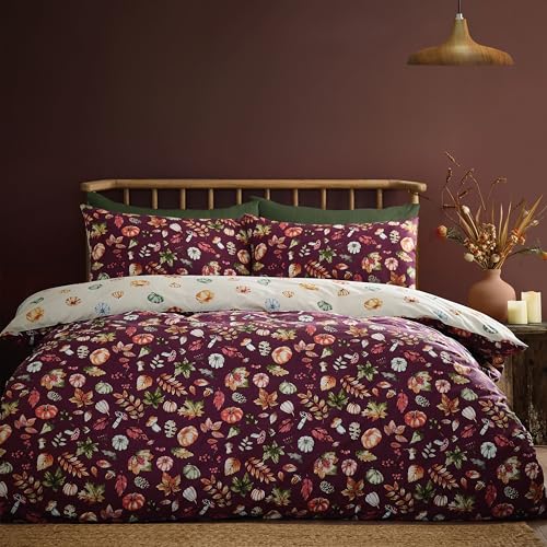 Catherine Lansfield Parure de lit Double réversible avec Housse de Couette et taie d'oreiller Motif citrouilles d'automne Prune