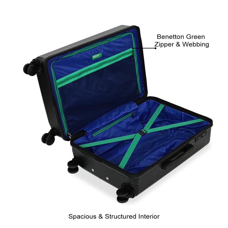 Image of United Colors of Benetton Hard Luggage Glide Set of 3 (Cabin, Mid & Cargo) - Black | PC Carry-On Trolley Bag | TSA Lock & 360 Spinner Wheels Suitcase | Telescopic Handle | Water Resistance