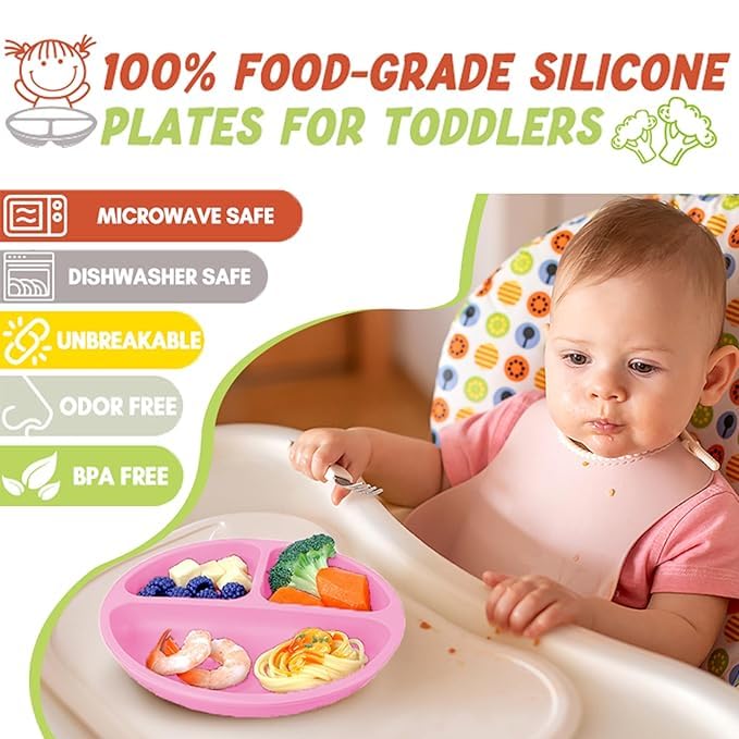 Image of BabyGo Silicone Suction Plates for Baby Microwave,Dishwasher, Freezer Safe Unbreakable with 4 Suction Cup Feeding Plate for Baby & Toddlers, BPA Free (Pink)
