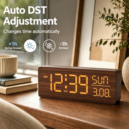 Image of Peakeep Wooden Digital Alarm Clock Large Display, Textured Decoration | for Bedroom Living Room Desk Table, Electric Plug-in Clock Battery Backup with Time Date Day, 5 Brightness, Auto DST
