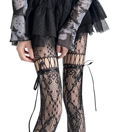 Image of Black Sheer Tights Y2K High Waist Pantyhose with Bows Patterned Stockings for Women