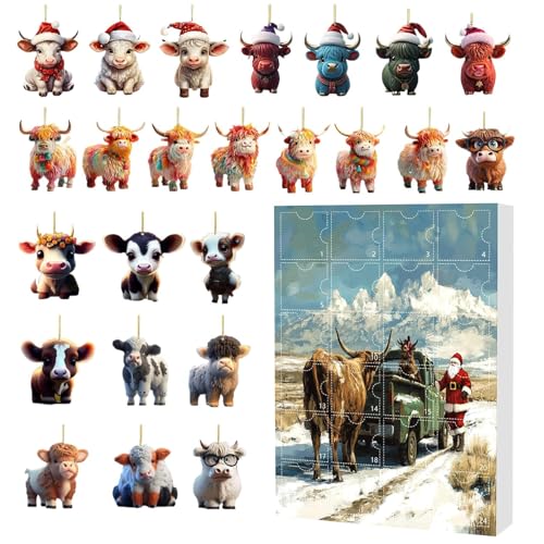 ハイランドカウカレンダーアドベント-24ピースクリスマスオーナメントセットお祝いのカウントダウンのためのアクリル動物の魅力、吊り下げのあるホリデーデコレーション、木のかわいいアクセサリー、窓、バックパック、家