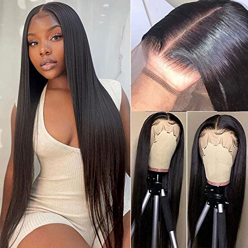 Straight Lace Front Wigs Human Hair 13x6x1 T-Part Transparent Lace Wig Brazilian Virgin Human Hair Wigs Straight Middle Part Wig Pre Plucked with Baby Hair 180 Density 30 inch Natural Black