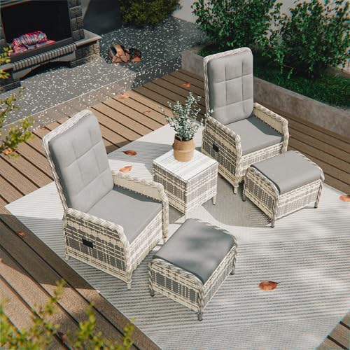 Gotland Rattan Gartenmöbel Set Lounge Möbel Outdoor, Verstellbares 2-Sitzer Terrassenmöbel Außen mit 118° Rückenlehne & Fußhocker, Hochwertige Polster & Glastisch, Wetterfest (Grau)