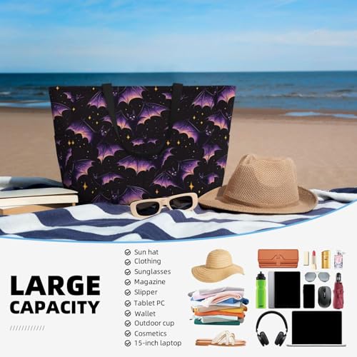 Large Beach Bags for Women Sandproof - Purple Star Bat Print Summer Travel Work Tote Bags with Zipper4