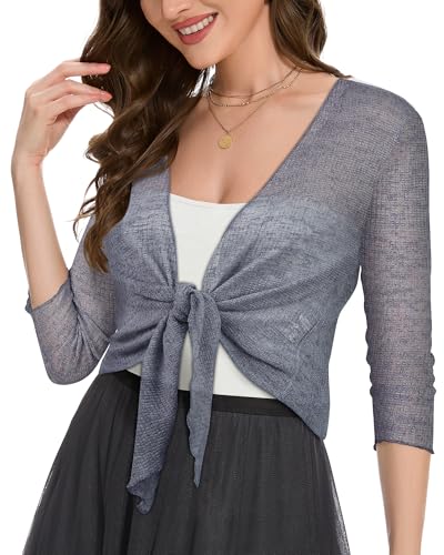 Image of Women Crop Cardigan Sheer Mesh Bolero Shrug for Dress Tie Front 3 /4 Sleeve Tops
