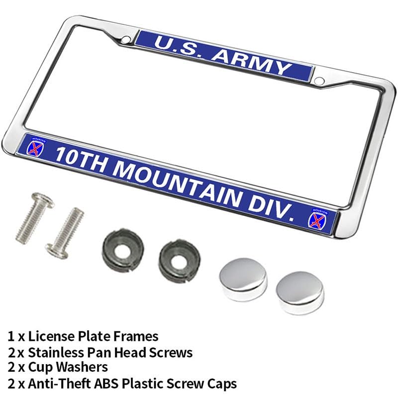 Image of US Army 10th Mountain Div License Plate Frame Metal Auto Car Tag Holder | US Army 10th Mountain Div License Plate Frame Chrome Metal Car Tag Cover Fit Standard US Auto Trucks Exterior Accessories