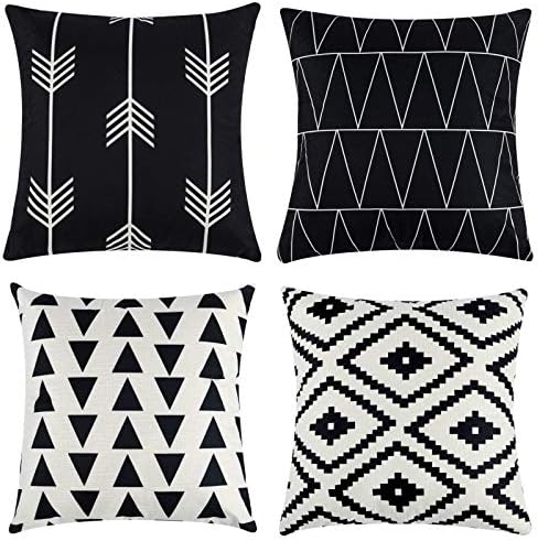 Tosewever Set of 4 Decorative Geometric 18 x 18 Inches Throw Pillow Covers - Modern Pattern Linen Square Pillow Cushion Case for Sofa Couch Bed Home Outdoor Car (18" x 18", Black)