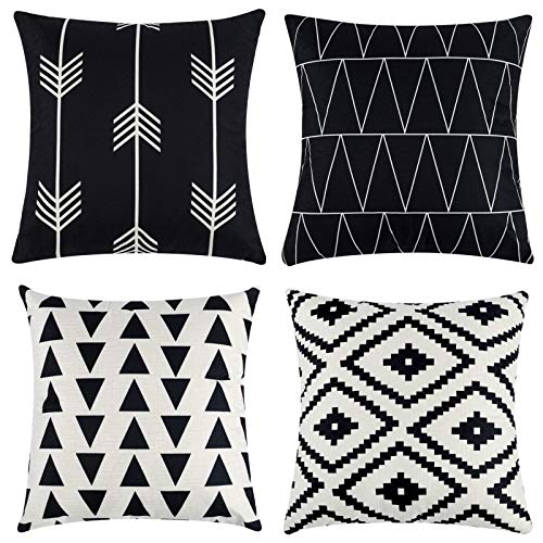Tosewever Set of 4 Decorative Geometric 18 x 18 Inches Throw Pillow Covers - Modern Pattern Linen Square Pillow Cushion Case for Sofa Couch Bed Home Outdoor Car (18" x 18", Black)