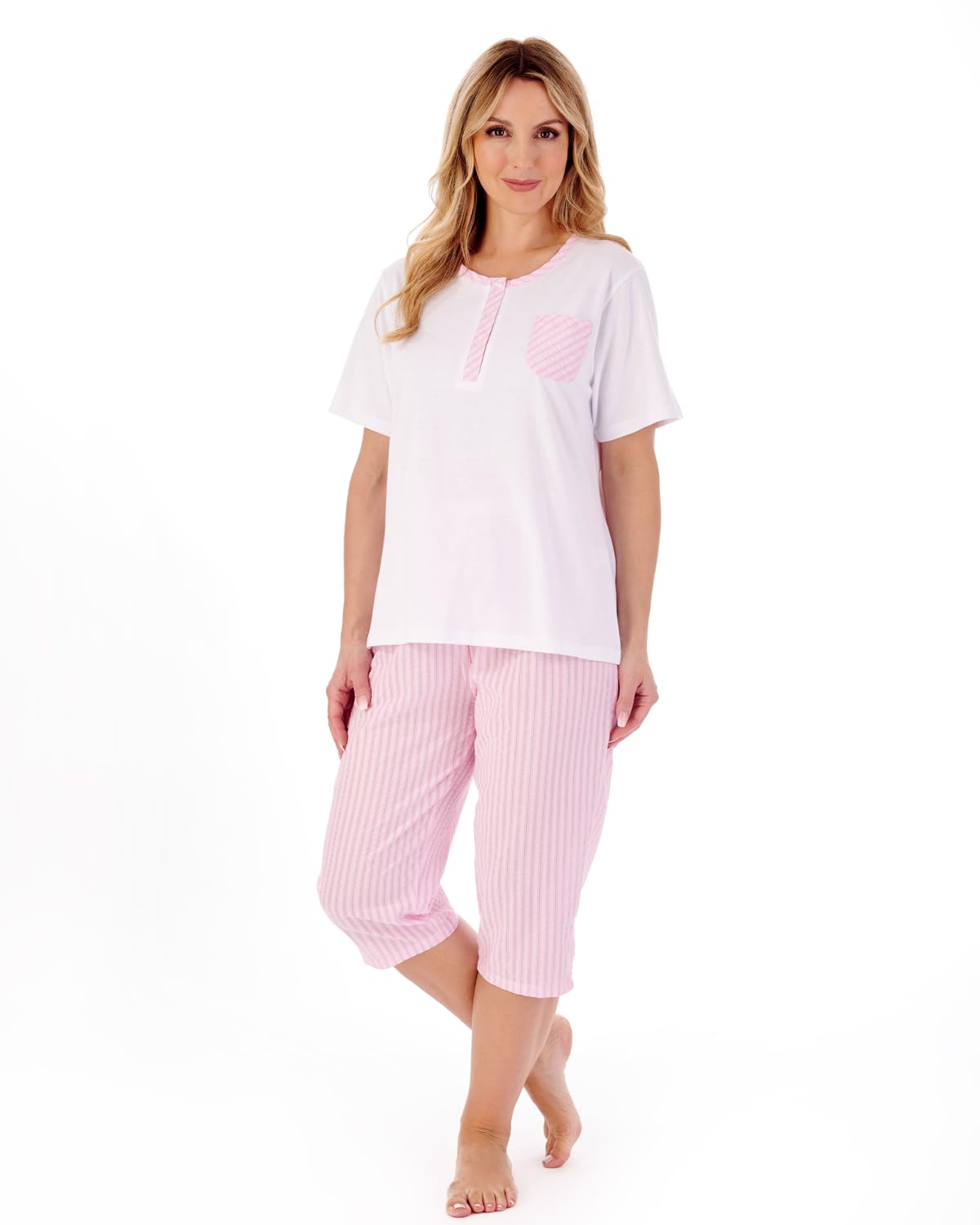 Slenderella Women's Pink Classic Stripe Seersucker Woven Cropped Pyjama Pj01223 20-22