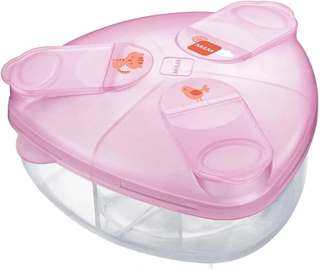 MAM Milk Formula Dispenser, Milk Powder Dispenser Pot Stores 40 g Per Serving, Milk Powder Storage Holds Three Servings, Baby Milk Powder Box, Pink, (Designs May Vary)