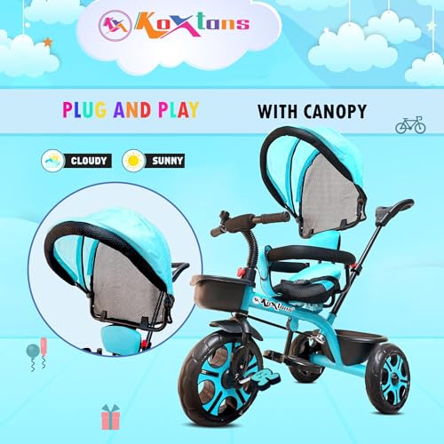 Image of Tricycle for Kids with Canopy and Comfort Seat - The Parents Choice for 1-5 Years Old, 30kg Max, Luxurious & Durable Trike. Advanced Parental Control Handle and Safety Belt, Blue