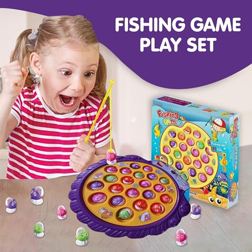 Image of Kidology Fishing Game Play Set for Kids - Rotating Musical Board, Fun Interactive Catching Toy for Toddlers | Circular Plastic Fishing Toy- 21 Colorful Fish, 4 Magnetic Rods (Yellow)
