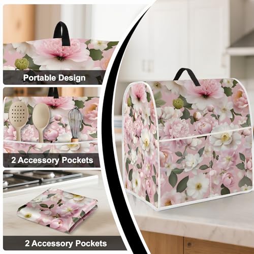 Image of Kitchen Dust Cover Compatible with 4.5 5 6 8 quart Stand Mixer, Kitchen Appliance Protective Covers with Top Handle and Pocket (Pink Flowers, For All 6-8 qt Mixer)