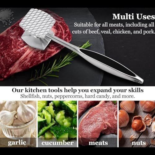 Image of Meat Tenderizer Mallet Stainless Steel, Premium Meat Hammer Tenderizer, Kitchen Meat Mallet for Chicken, Conch, Veal Cutlets, Beef & Steak, Meat Pounder Flattener, Non-Slip Grip