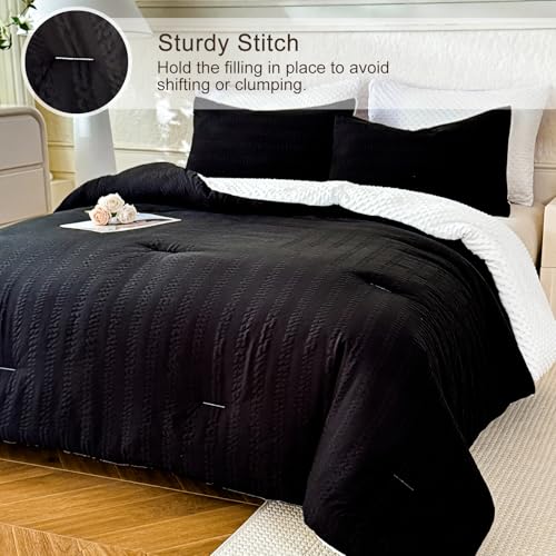 Image of tohrisa Boho Comforter Set King Size Striped Pleats Bohemian Seersucker Bedding Set All Season Soft Cozy 3 Pieces Quilt with 2 Pillowcases(104 inchX90 inch Black)