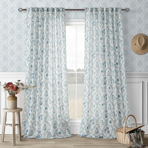 Image of Extra Long Blue Floral Curtains 120 Inches Long for Living Room 2 Panels