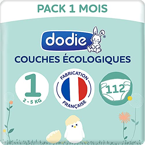 Dodie – Pañales ecológicos & franceses – Talla 1 (2 a 5 kg) – Pack 1 mes 112 pañales (lote de 2 x 56)