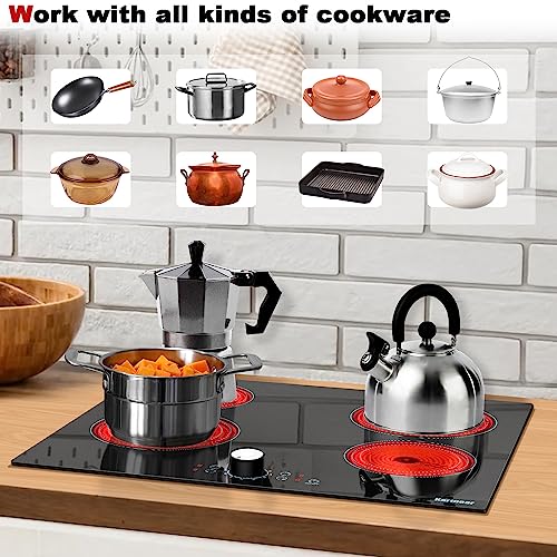 Image of Karinear 24 Inch Electric Cooktop 4 Burners Electric Stove Top, 220-240v Built-in Electric Ceramic Cooktop with Knob Control,9 Power Levels, Black Glass,No Plug