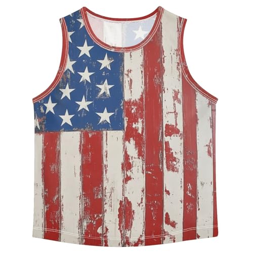 Boys Tank Top Shirts Wood Grain American Style USA Flag Sleeveless T-Shirts Crew Neck for Kids Clothing Children