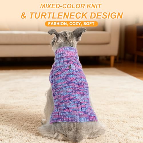 Image of BEAUTYZOO Dog Sweater for Small Medium Dogs, Knit Clothes with Harness Hole | Turtleneck Pullover Fall Winter Knitwear, Fuzzy Fleece Cold Weather Coat for Girl Boy Puppy, Warm Pet Sweatshirt, Purple SM T