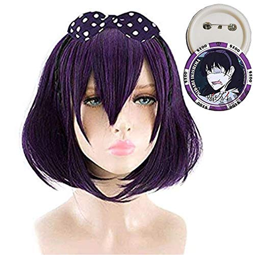 Wks midari ikishima wig+brooch,anime short bob black and purple c…