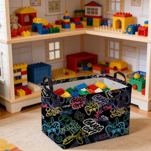 Image of Rectangular Kids Baskets,Waterproof Foldable Storage Basket with Handles,Games Basket,Boys Room DecorGame Storage Bin,Shelf Baskets(Cool Game)