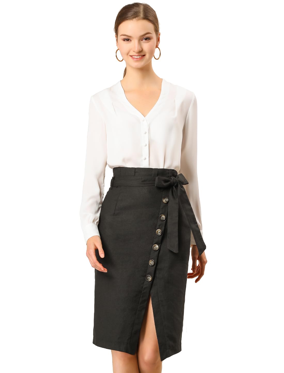 Allegra K Jupe crayon courte avec ceinture fendue pour femme - Noir - Taille XL
