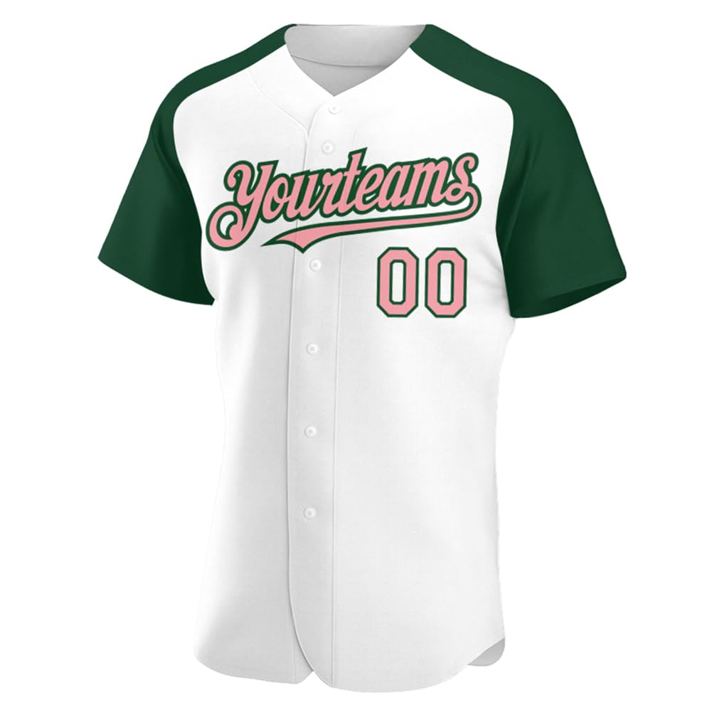 Custom Baseball Jersey for Men, White Green & Medium Pink Softball Tee Shirts Women, Personalized Design Full Button Short Sleeve Blank Youth College Sports Team Uniforms Tee Stitched Name Number Logo