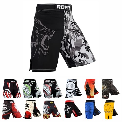 Roar MMA Grappling Shorts Kickboxing Muay Thai Shorts BJJ Gym Training Athletic Shorts (Grey Camo...
