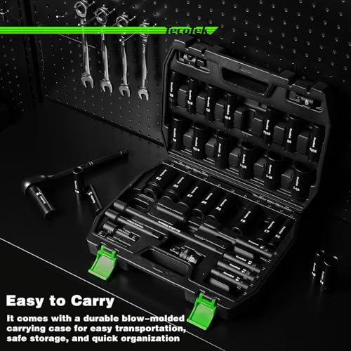 Image of TecoTek 1 /2 inch Drive Deep Impact Socket Set, 38-Piece Socket Set SAE 3 /8 to 1-1 /4 inch and Metric 10-32mm Size, Includes Extension Bars, Universal Joint, Adapter and Ratchet Handle, 6 Point, Cr-V Steel