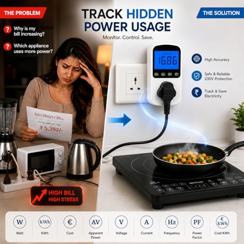 Image of Blackt Electrotech BT72PM3 Digital Energy Meter Plug - (3-Pin) 230V Electricity Usage Monitor with LCD Display - Real-Time Watts, Volts, Amps, kWh & Cost Tracking - Home & Office Power Analyzer