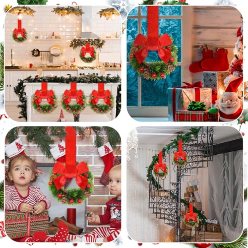 Image of Dingion 6 Pcs 6 Inch Christmas Mini Cabinet Wreaths for Kitchen with Ribbon Bows Pinecone Berry Small Window Wreath Garland for Door Window Farmhouse Christmas Party Decorations