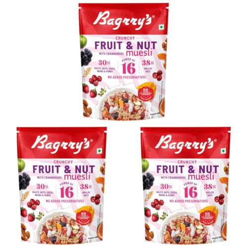 Image of Bagrry's Crunchy Muesli With 30% Fruit & Nut Cranberries 375gm Pouch |38% Fibre Rich Oats|No Sugar infused Fruits|Real Fruits|Breakfast Cereal|Protein Rich|Cranberry Muesli (Pack of 3)