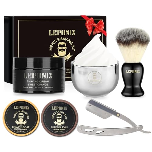 Straight Razor Shaving Kit for Men - 2 Packs Shaving Soap, Straight Edge Razor, Shaving Cream, Brush & Bowl - Unique Gifts Set for Men, Him, Dad - Stocking Stuffers,Father’s Day (Sweat Orange）