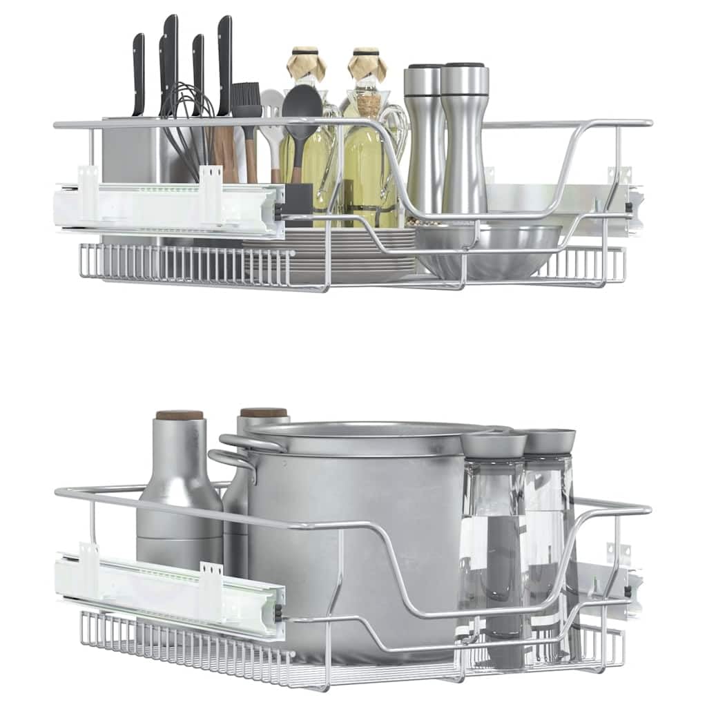 Cestas de alambre de cocina, 2 unidades, extensibles, plateadas, 45 cm, cromadas, para armario y cajón, organizador para cubiertos, utensilios de cocina y almacenamiento