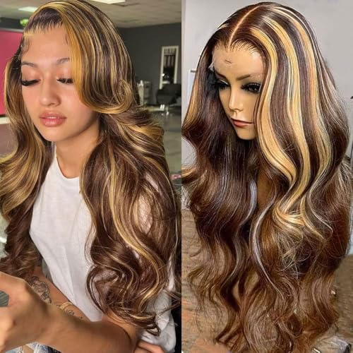 Highlight Ombre Lace Front Wig Human Hair Pre Plucked 13x4 HD Transparent Body Wave Lace Front Wigs Human Hair with Baby Hair 200 Density 4/27 Honey Blonde Lace Front Wig Human Hair 22 Inch