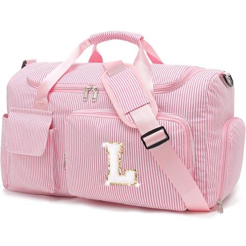 Kids Travel Duffle Bag Dance Bag Gifts for Girls Initial Gym Bag with Shoes Compartment for Women Lightweight Weekender Bags Pink-L