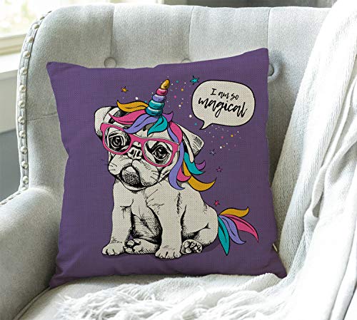 Swono SWONO-PILLOW-1344 Puppy Bulldog Unicorn Pattern Cotton Linen Throw Pillow Case,Funny French Bulldog I Am So Magical Quote Pillow Cushion Cover Home Sofa Decorative 18 X 18 Inch thumb #2