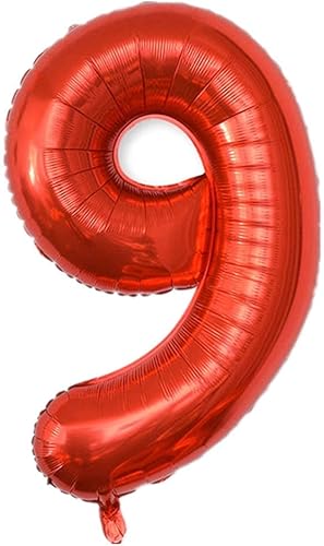 Miniatura 2 de Globo de aluminio grande de 40 pulgadas con número de helio, cumpleaños, boda, fiesta, 0-9 (rojo, 9)