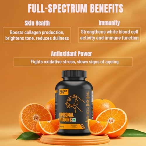 Image of BeastLife Liposomal Vitamin C | Higher bioavailability | Neutralizes free radicals | Promotes firm skin Health | Improve cognitive function Immunity Support- Fast Absorption & Bioavailability | 60 Capsules