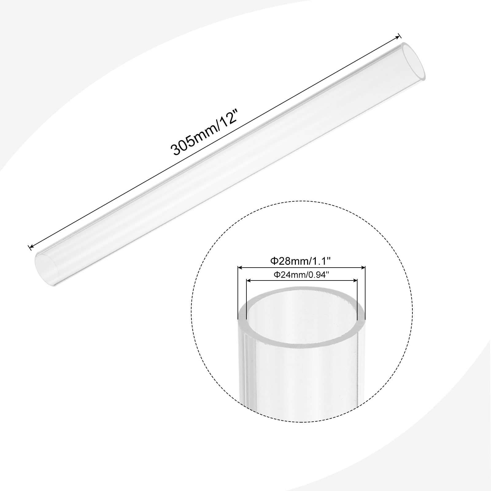 Tube Rigide Transparent En Polycarbonate - 28 Mm Intérieur, 30 Mm Extérieur, Longueur 305 Mm, Pour DIY Et Présentation