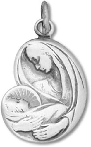 Miniatura 1 de Plata de ley con acabado satinado ovalado Virgen María con dije Baby Jesús Item #19686, Plata esterlina, No es una piedra preciosa