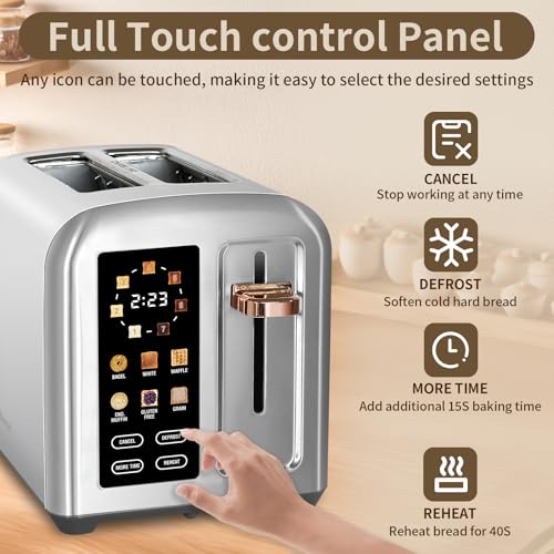 Image of SEEDEEM Toaster 2 Slice, Full Touch Control Stainless Toaster, LCD Display, 50% Faster Heating Speed, 6 Bread Type, 7 Shade Setting, 1.5''Wide Slots, Removable Crumb Tray, 1350W, Silver Metallic