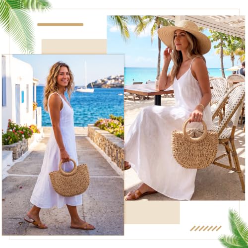 Image of BBTO 8 Pcs Semi Circle Straw Bag for Women, Rattan Woven Crossbody Bag, Retro Travel Bride Tote Handbag for Summer Beach