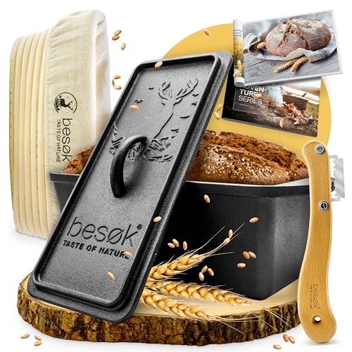 besok Brotbackform mit Deckel, Gärkorb & Teigmesser - Gusseisen Backform Brot backen Zubehör - Kastenform Brot, Toastbrot Backform, Kasten Brotform, Auflaufform, Kastenform, Brotform eckig