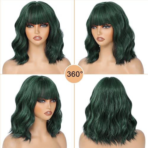 Image of AGO Short Bob Wig with Bangs Dark Green Loose Wave Wigs Shoulder Length 14Inch for Women Colorful Costume Wig Heat Resistant Fiber Hair for Daily Party Halloween Cosplay Use(4 /610#DarkGreen)