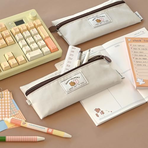 Image of Monolike Happy and Lucky Flat Pencil Case, Ivory - Slim Water-Resistant Nylon Pen Pouch, Aesthetic Pastel Stationery Organizer for Office